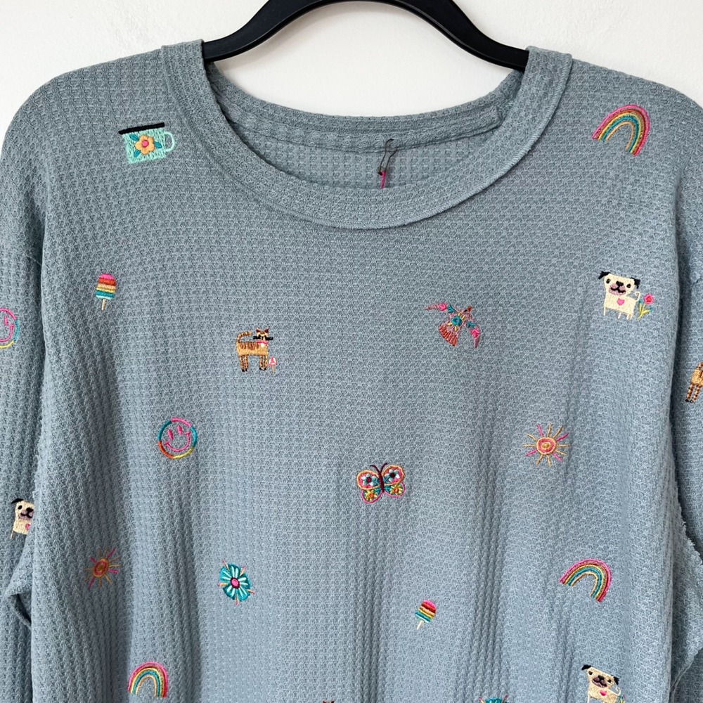 NEW Natural Life Parker Embroidered Thermal Tee Fave Things Womens XL Blue - Picture 4 of 11